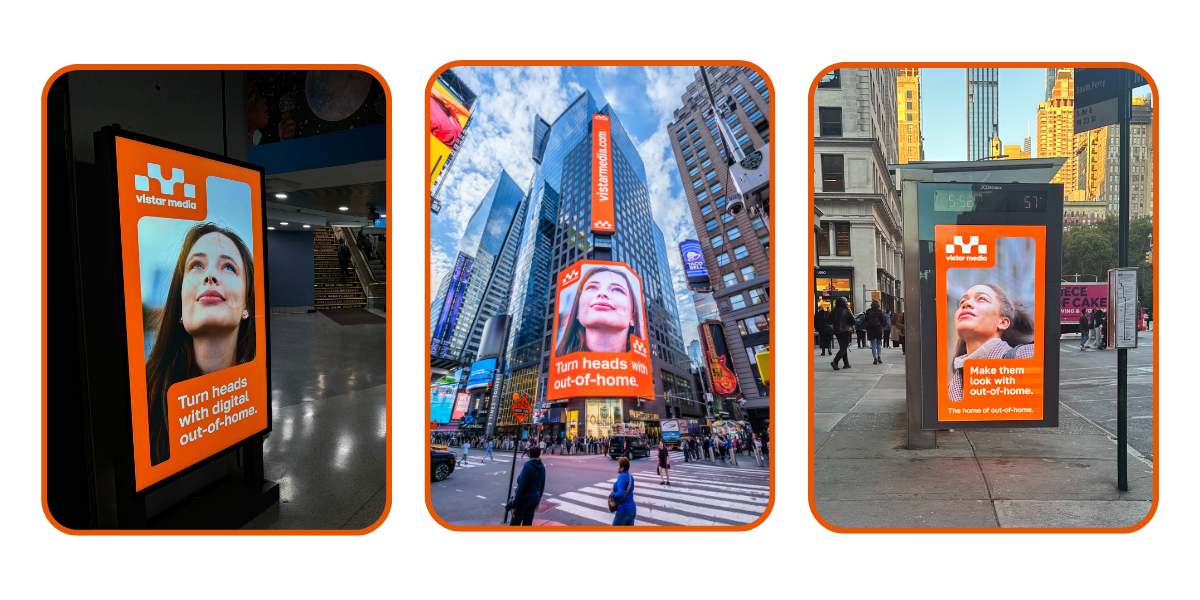 vista media out of home ads in the wild (penn station, times square, bus shelter)